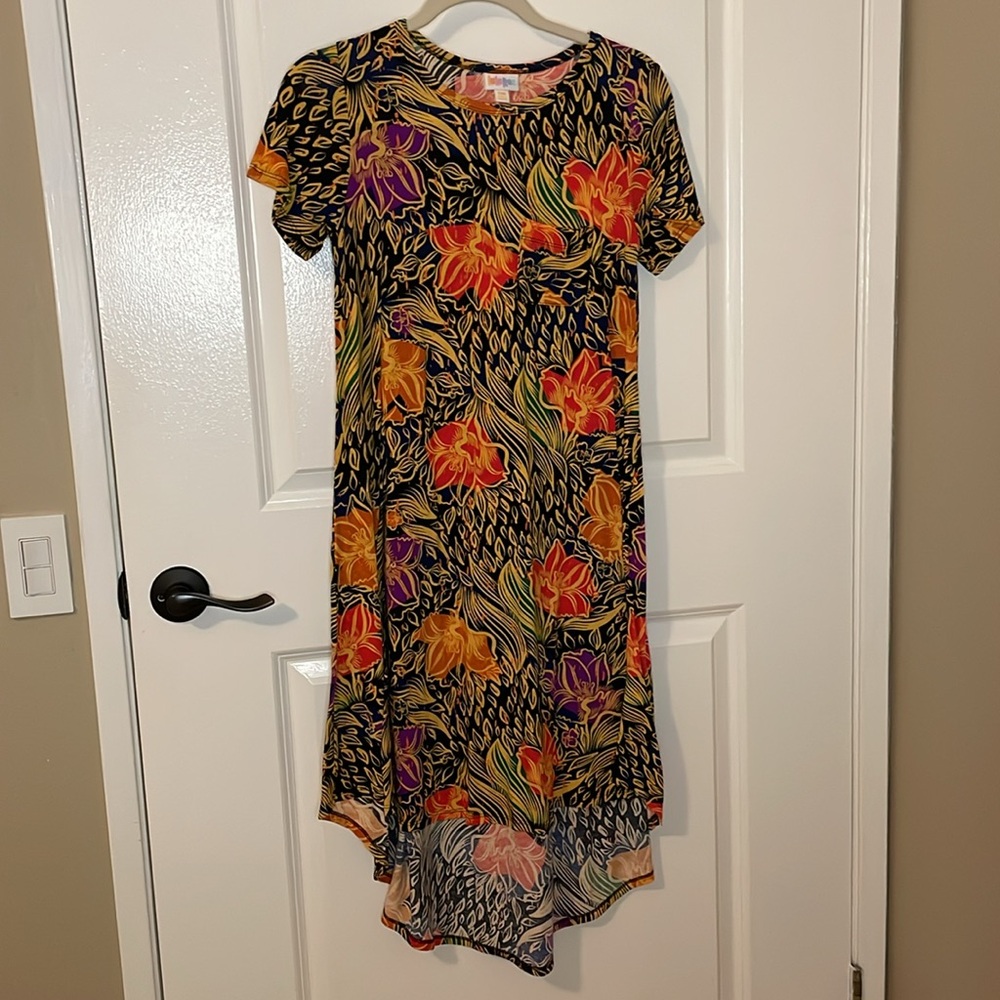 EUC LuLaRoe Carly dress, size XXS. High low hem, tropical, elegant print